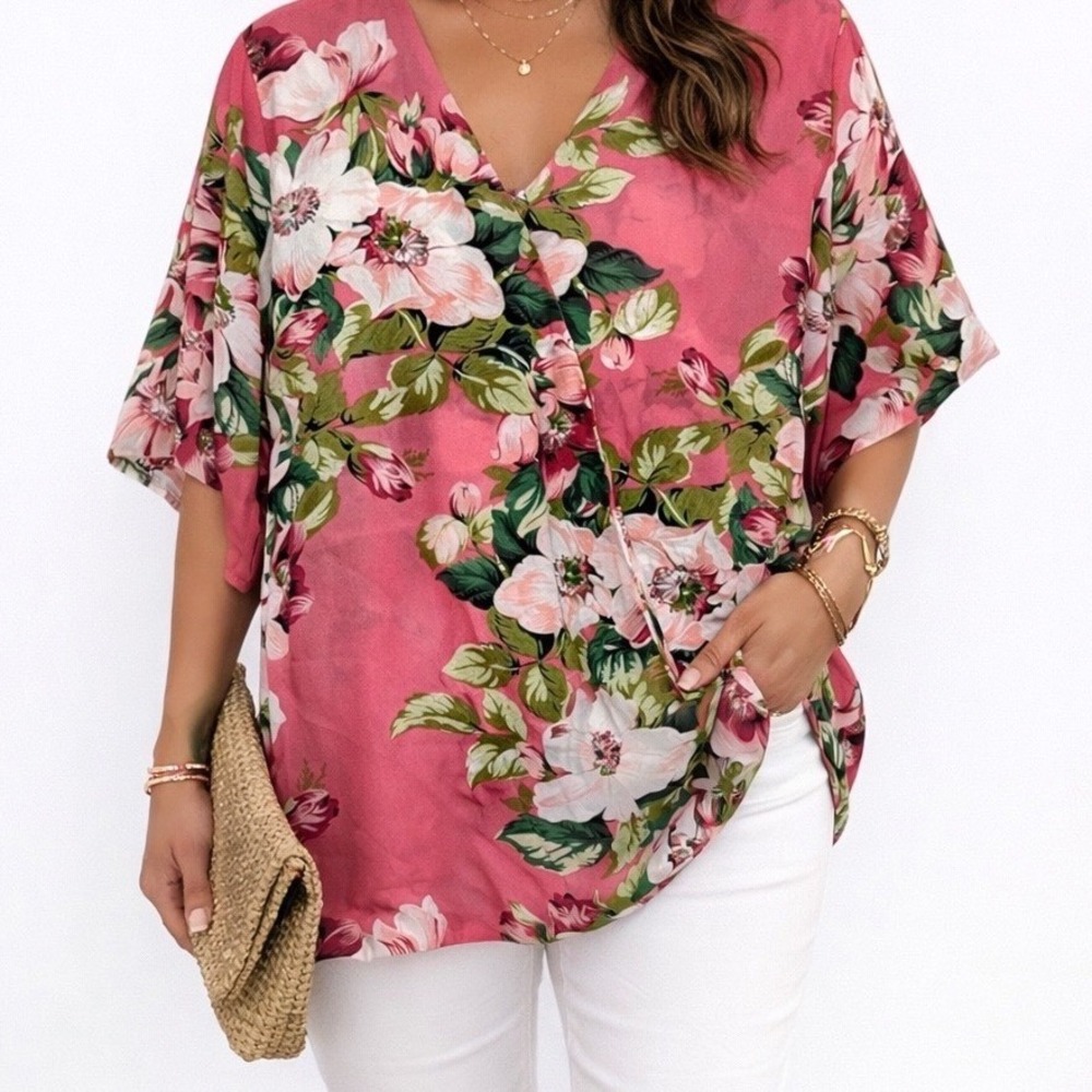IMAN‎ Women's Pink Floral Faux WrapSplit Sleeve Blouse Top Large Cottagecore
